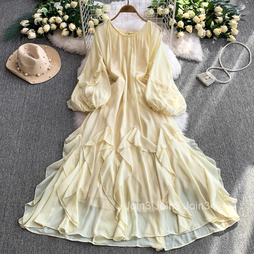 2025 Vestidos De Mujer Vintage Dress for Women Beading O-neck Lantern Sleeve Solid Color Robe Femme Ruffles Sweet Summer Dresses