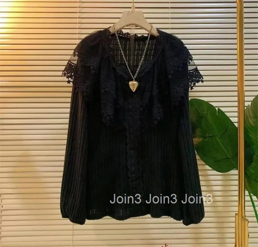 Oversized T Shirt Womens Clothing O-neck Patchwork Lace Long Sleeve Casual Tees Fashion Korean Camisetas Casual Tshirts Tops