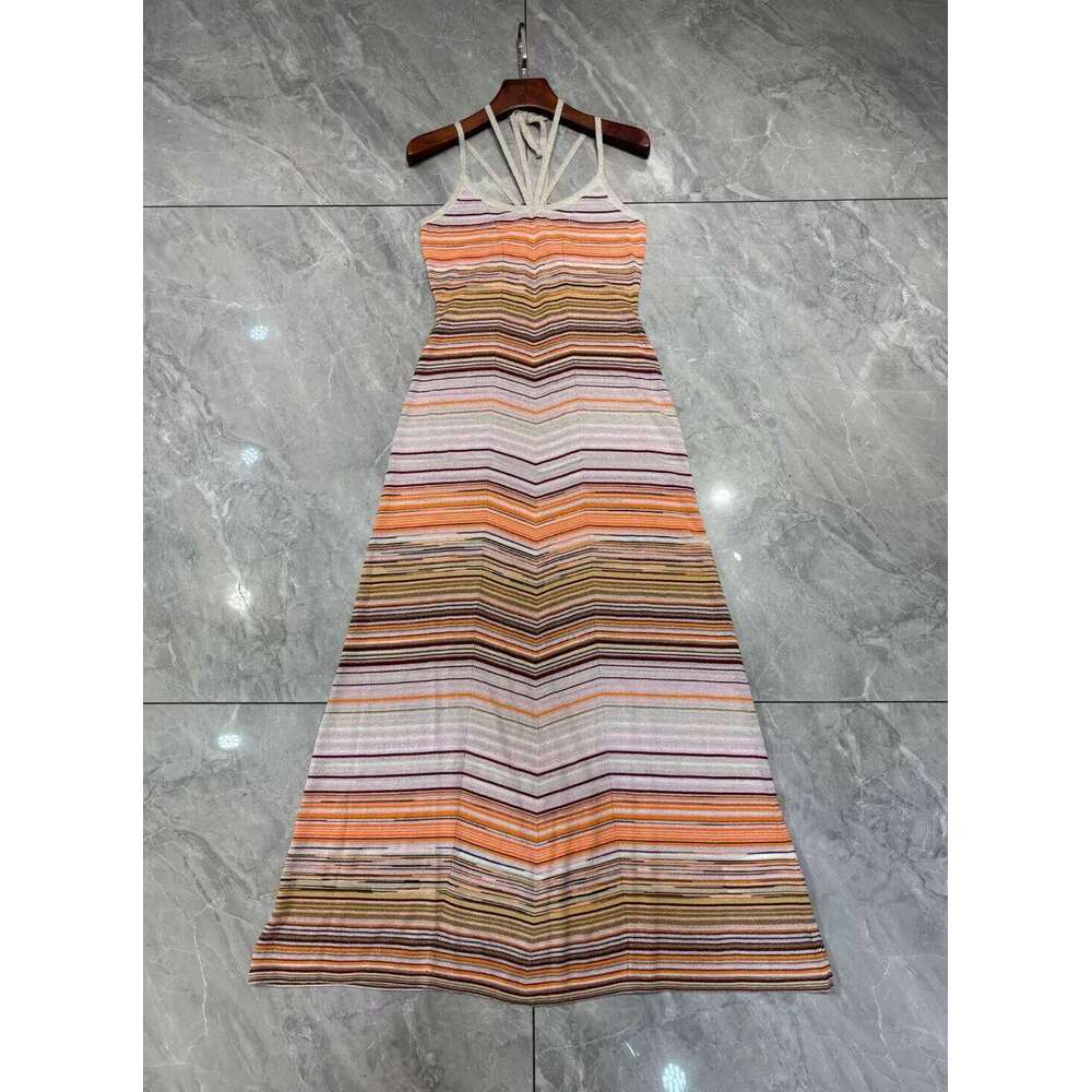 Striped Knitted Long Dress For Women Spring Summer Sequined Design Hanging Neck Casual Sleeveless Robes
