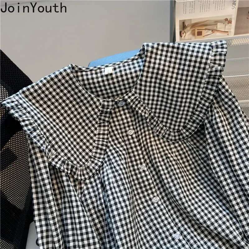 Chic Plaid Blouse Women Preppy Style Peter Pan Collar Sweet Shirts Loose Vintage Ruffles Cute Camisas De Mujer Oversized Tops