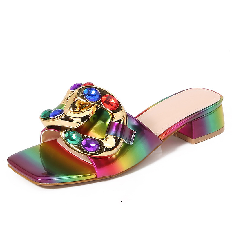 2024 New Cross-Border Trade Plus Size Sandals Slippers New European and American Colorful Metal Rhinestone Square Toe Wedge Shoes
