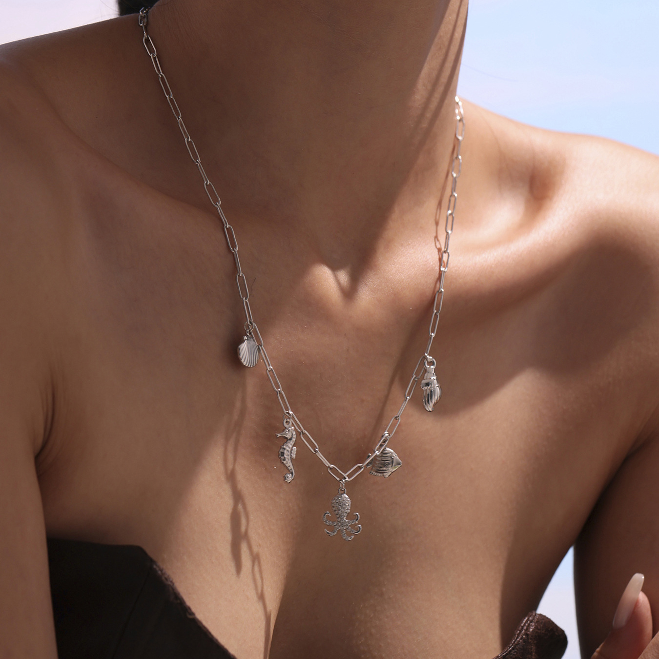 Gold Ocean Charm Necklace, Layered Chain with Octopus, Seahorse & Shell Pendants, Beachy Nautical Jewelry Layered Chain