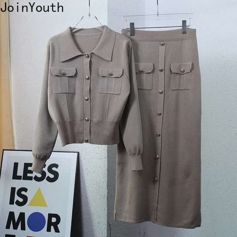 2025 Womens Clothing Knitted Two Piece Sets Vintage Cardigan Coats Bodycon Tunic Skirt Outfits Roupas Femme Chic Skirts Suit