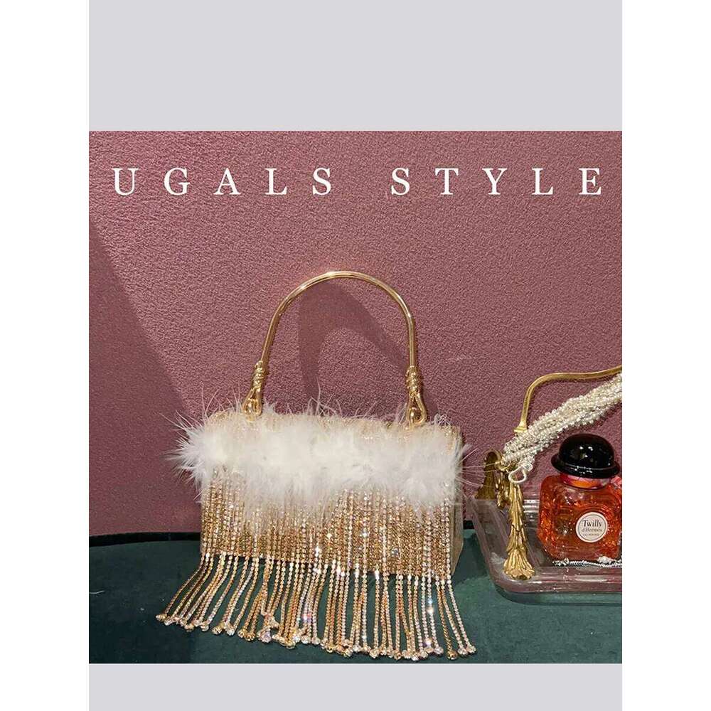 Designer Bag Rhinestone Evening Purses For Women Tassel Ostrich Feather Shiny Dinner Party Wedding Handbag Bucket Shoulder Bag