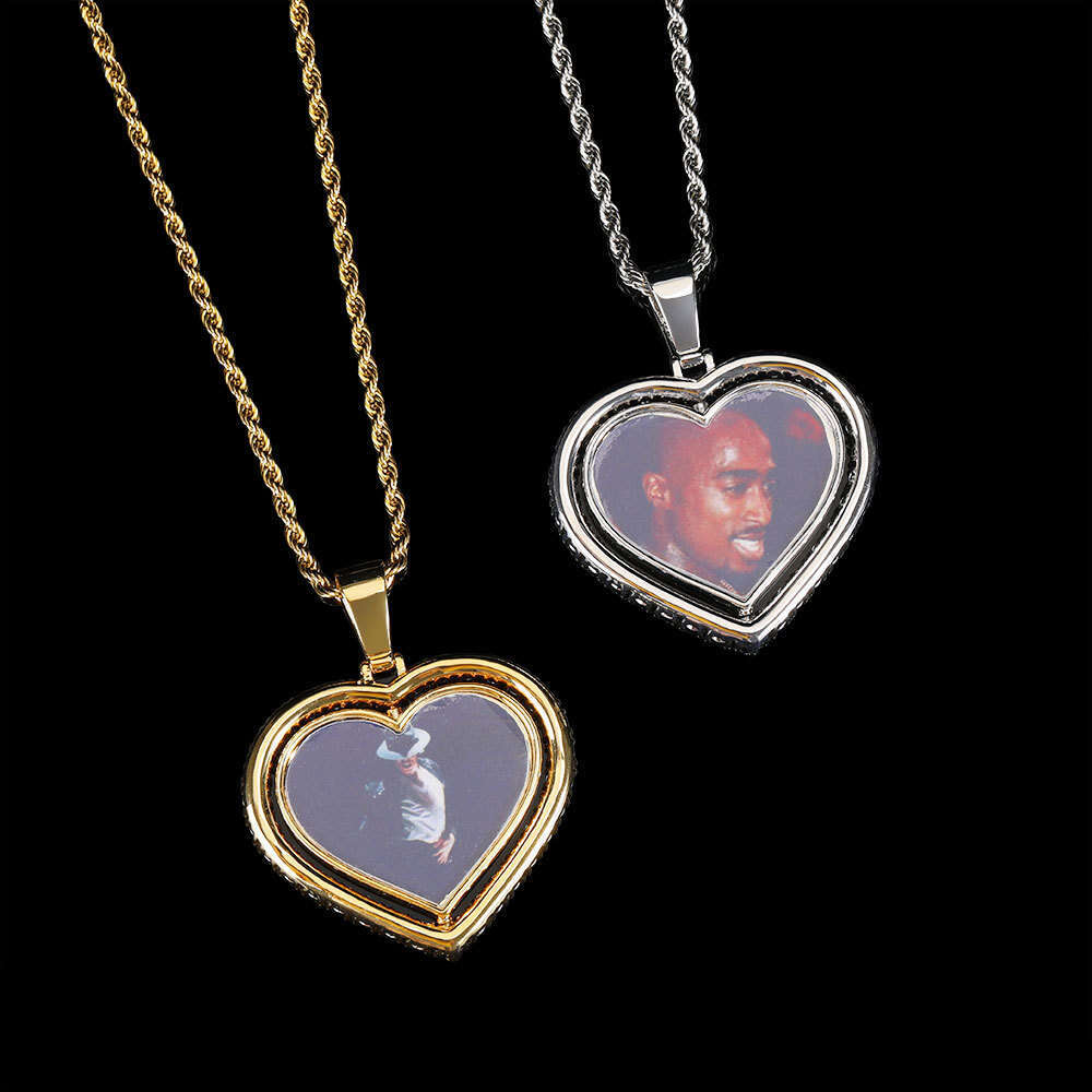 Hip Hop Rotatable Double-Sided Heart Micro-Paved Zircon Commemorative Frame Necklace Photo Pendant 2100