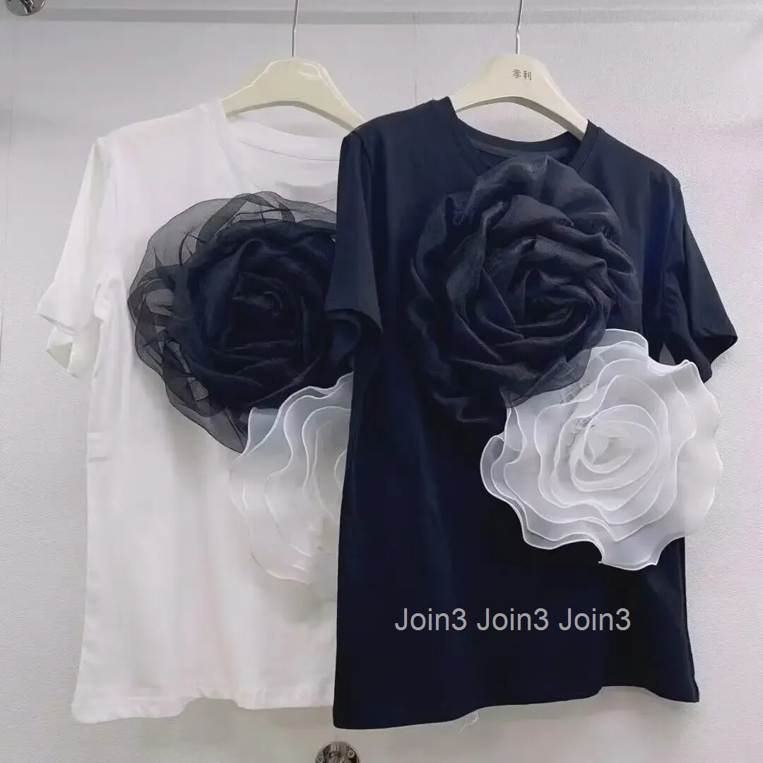 White Tshirts for Women 2025 Ropa Mujer Short Sleeve O-neck Tees Oversized Tops 3D Floral Sweet T Shirt Fashion Summer T-shirt