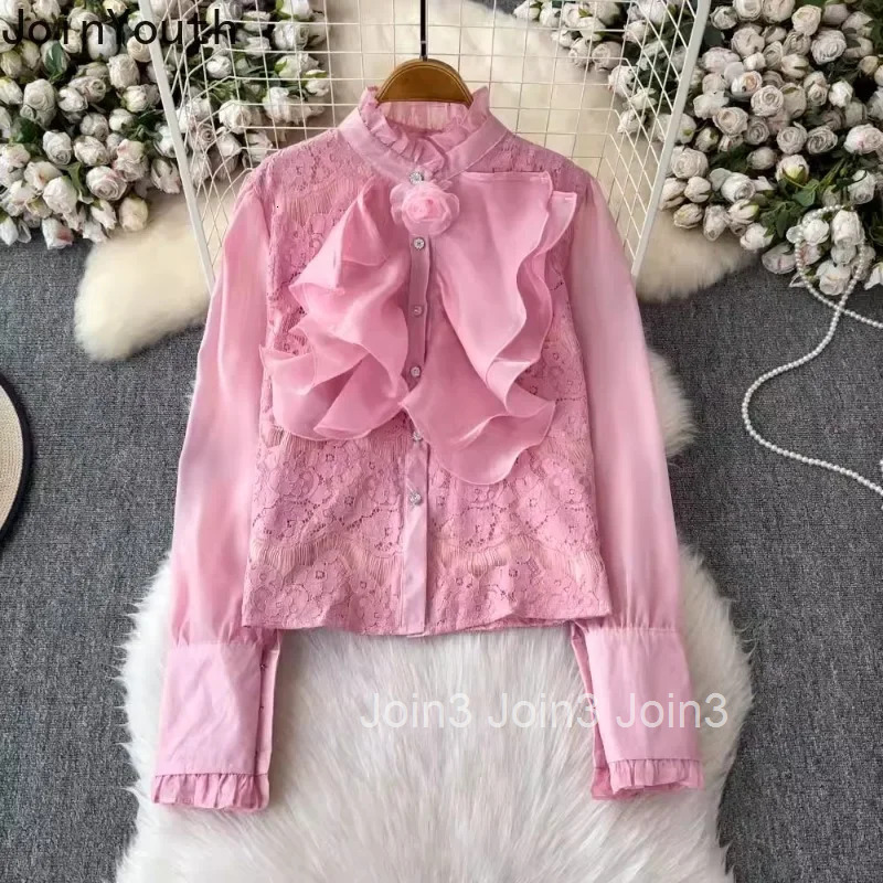 2025 Camisas De Mujer Lace Blouses for Women Stand Neck 3D Floral Shirts Temperament Lady Tops Sweet Ruffles Vintage Chic Blouse