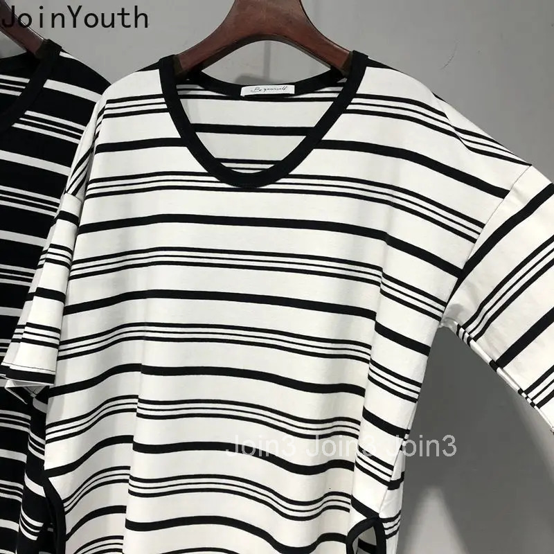 Oversized T Shirts Womens Clothing Chic Y2k Tops V-neck Short Sleeve Split Tees Fashion Summer Camisetas Casual Striped Tshirt