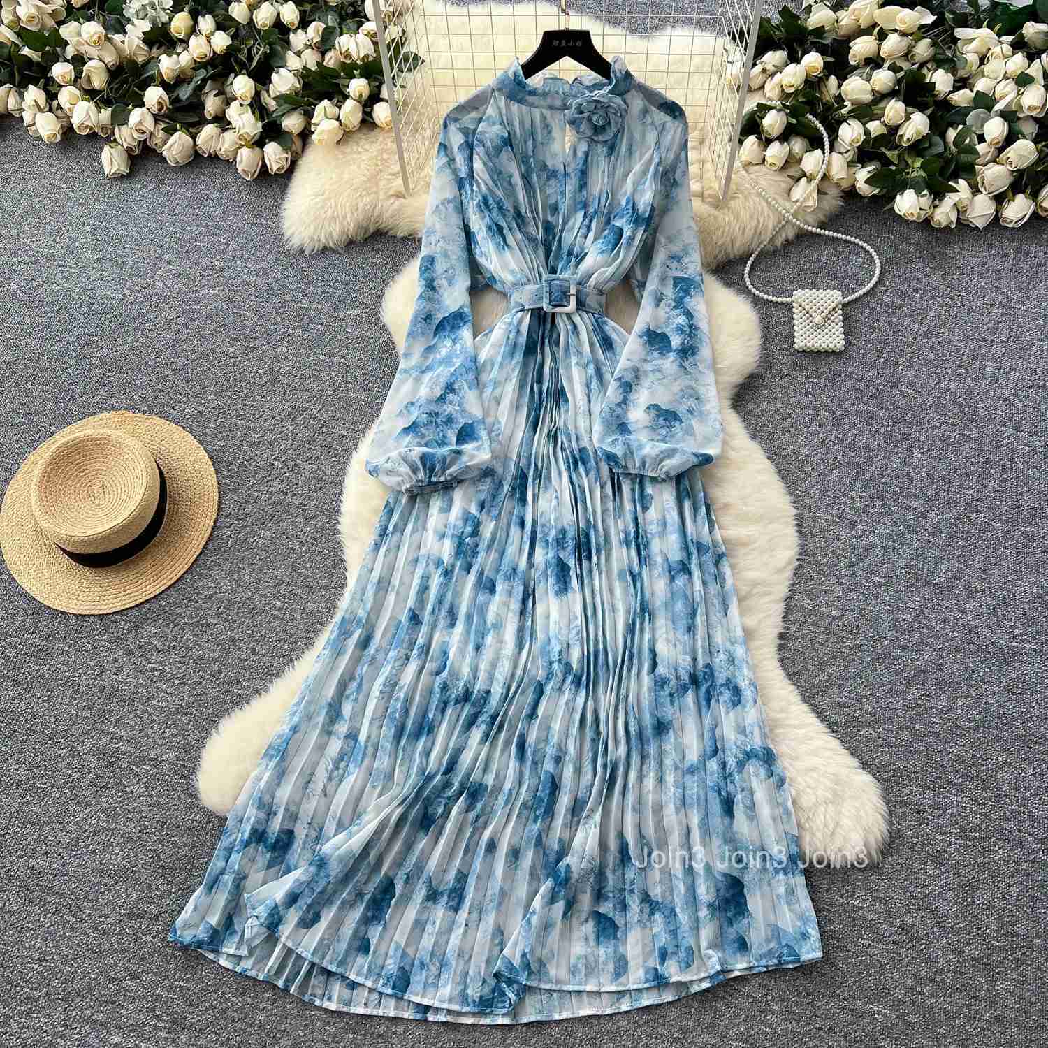 Dress for Women 2025 Vestidos De Mujer Bandage Slim Waist A-line Floral Robe Femme 3D Floral Chiffon Summer Pleated Maxi Dresses