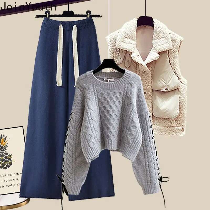 Winter Clothing Fashion 3 Piece Sets for Women Thicked Warm Vest O-neck Casual Pullovers High Waist Wide Leg Pants Suit Knit Set