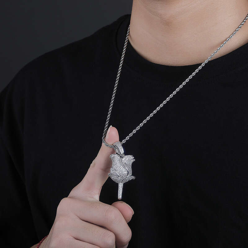 Rose Flower Full Dia Zircon Personality Unisex Trendy Ins Hip-Hop Necklace