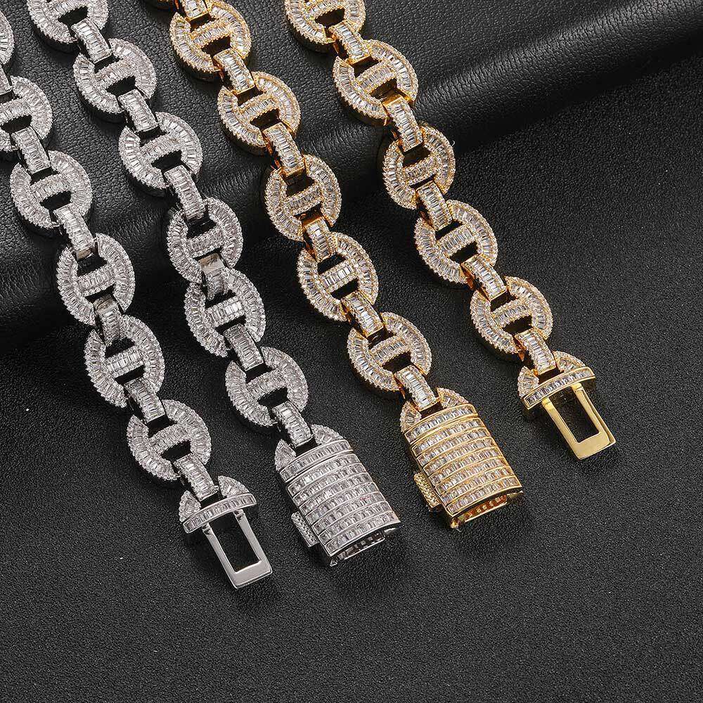 Hip Hop 16mm Flip Clasp Mixed CZ Pig Nose Cuban Chain Men's Necklace b58c