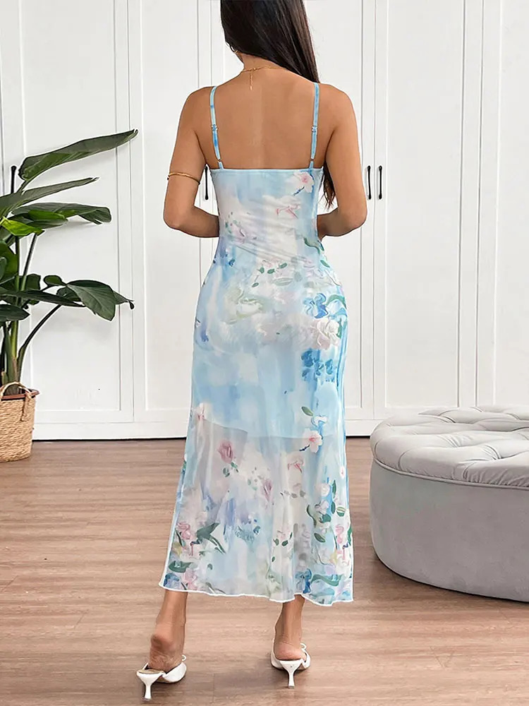 Women Sling Maxi Dresses Summer Streetwear Fashion O-Neck Print Dress Sexy Backless Elegant Lady Mesh Dress Knitted Clothing 250617