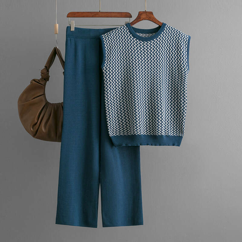 Fashion Set for Women New Sleeveless Striped Knit Top Two-Piece High-Waisted Straight-Leg Wide-Leg Pants