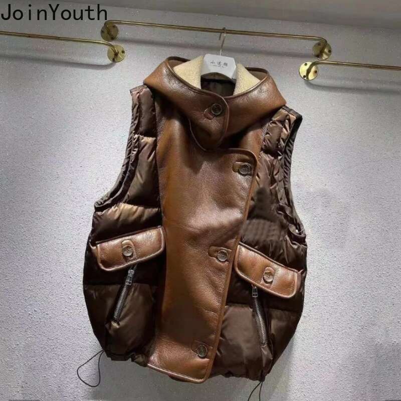 Vest Women Streetwear Fashion Sleeveless Cardigan Womens Lamb Wool Patchwork Leather Waistcoat Y2k Tops Chalecos Para Mujer