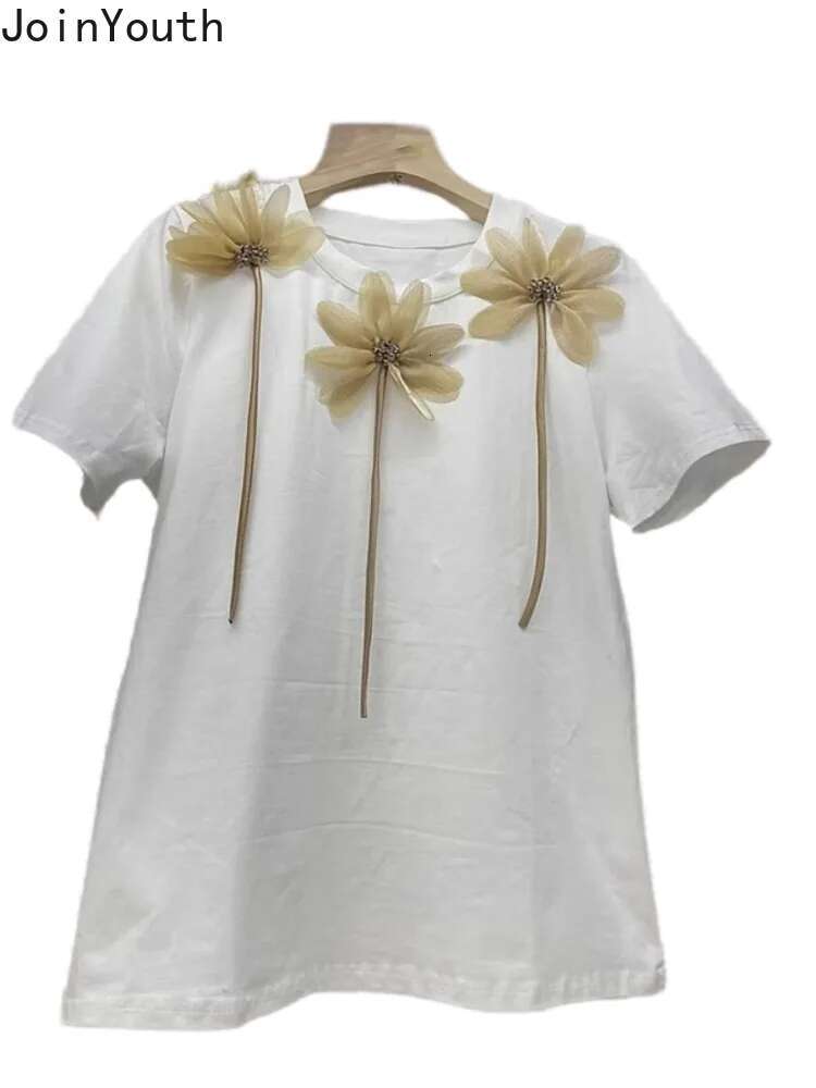 White Casual Woman Tshirts O-neck Short Sleeve Tees Fashion Korean Camisetas 3D Floral Summer T-shirt Tops Women Clothing 63c631