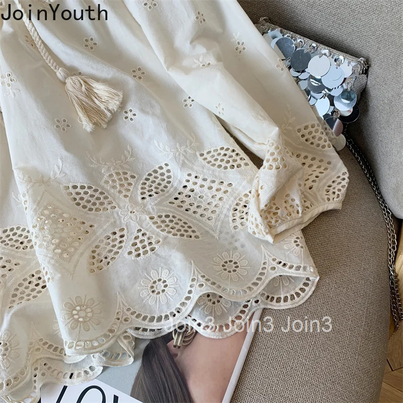 2025 Blusas Mujer De Moda Fashion Blouses for Women Bandage Summer Loose Shirts Hollow Out Vintage Korean Blouse Tops Female