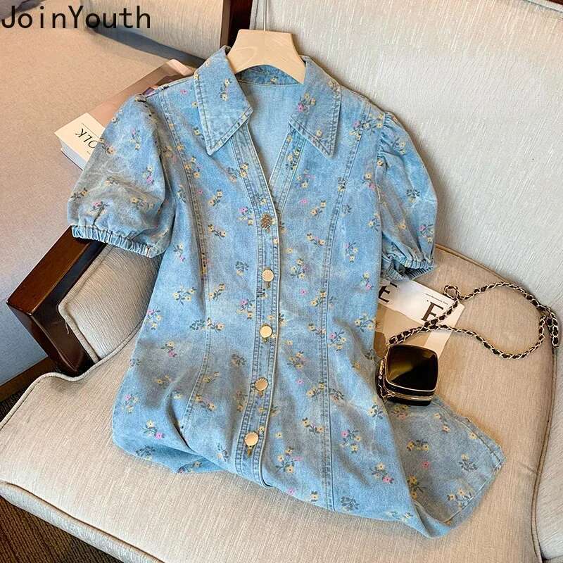 Floral Denim Dress Women Vintage Slim Fit Puff Sleeve Sweet Robe Femme 2025 Vestidos De Mujer V-neck Casual Chic Summer Dresses