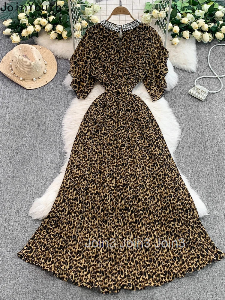 2025 Vestidos De Mujer Sexy Leopard Print Elegant Dress for Women Slim Waist Pleated Robe Femme Diamond O-neck Summer Dresses