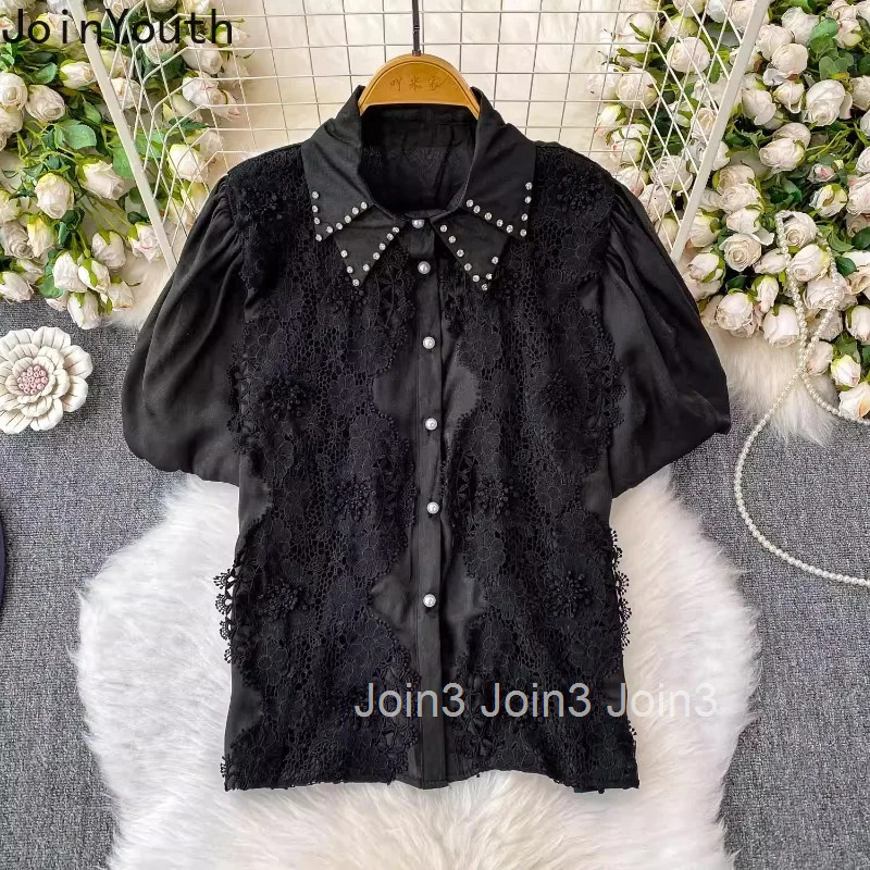 Vintage Womens Shirts 2025 Blusas Mujer De Moda Diamond Puff Sleeve Summer Tops Lace Hollow Out Loose Floral Blouses Female