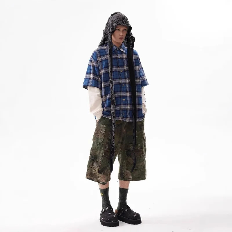 Mens Camo Denim Shorts Summer Casual Loose Multi-Pocket Cargo Pants High Street Fashion Hip Hop Ripped Shorts Mens Clothing 250617
