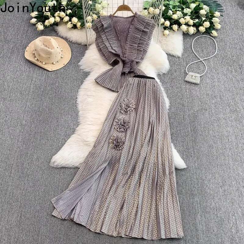 Summer Women Clothing Floral Piece Sets V-neck Sleeveless Slim Wais Tops High Waist Split Skirt Outfits Vintage Elegant Suit