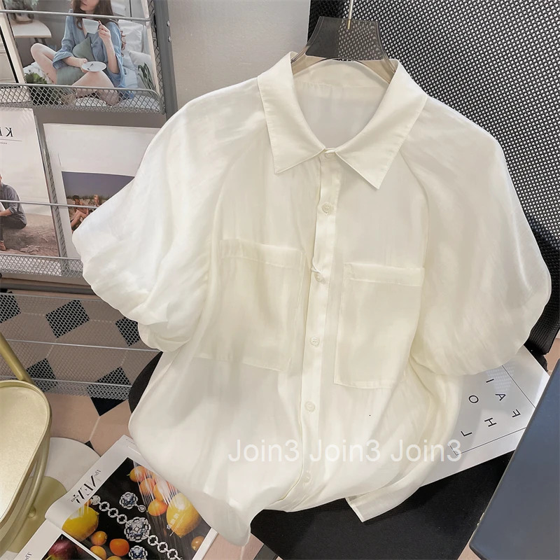2025 Blusas De Mujer Chiffon Summer Blouses for Women Temperament Tops Loose Puff Sleeve Vintage Blouse Solid Color Chic Shirts
