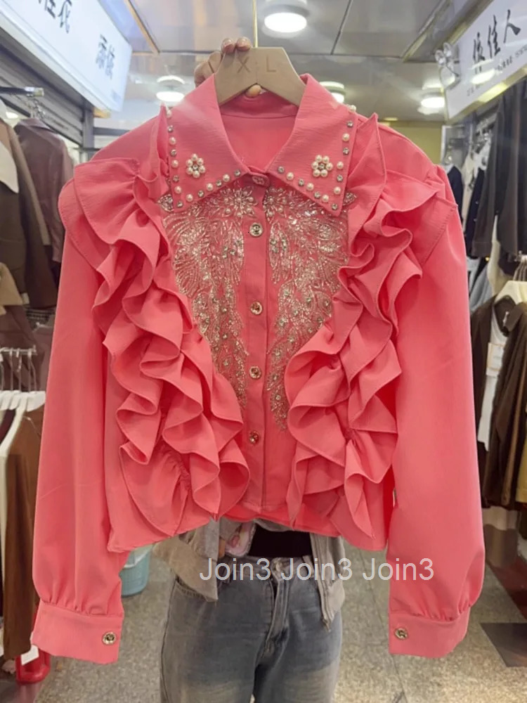 Blouses Women Temperament Lady Tops Stand Neck Long Sleeve Shirts Camisas De Mujer Hollow Out Ruffles Embroidery Sequin Blouse