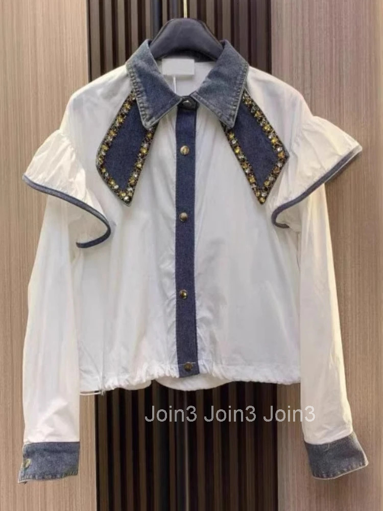 Camisas De Mujer Patchwork Long Sleeve Shirts for Women Single Breasted Diamond Chic Blouse Fashion Korean Casual Tops Female