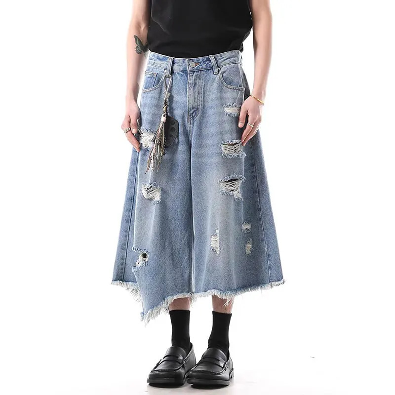 American Vintage Blue Ripped Short Jeans Mens Oversized Distressed Jorts Y2k Grunge Baggy Boyfriend Denim Shorts Wide Streetwea 250618