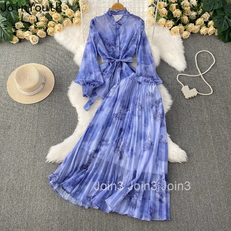 Women Clothing Skirt Suit Summer Floral Print 2 Piece Set Stand Neck Lantern Sleeve Bandage Shirt A-line Pleated Skirts Outfits