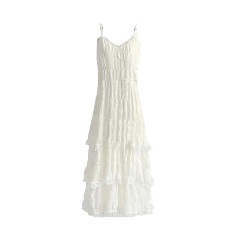 White Skirt Maxi Skirt New French Style White Strap Long Versatile Sweet Youthful Lace Cake Beach Dress Spring Summer Long Skirt