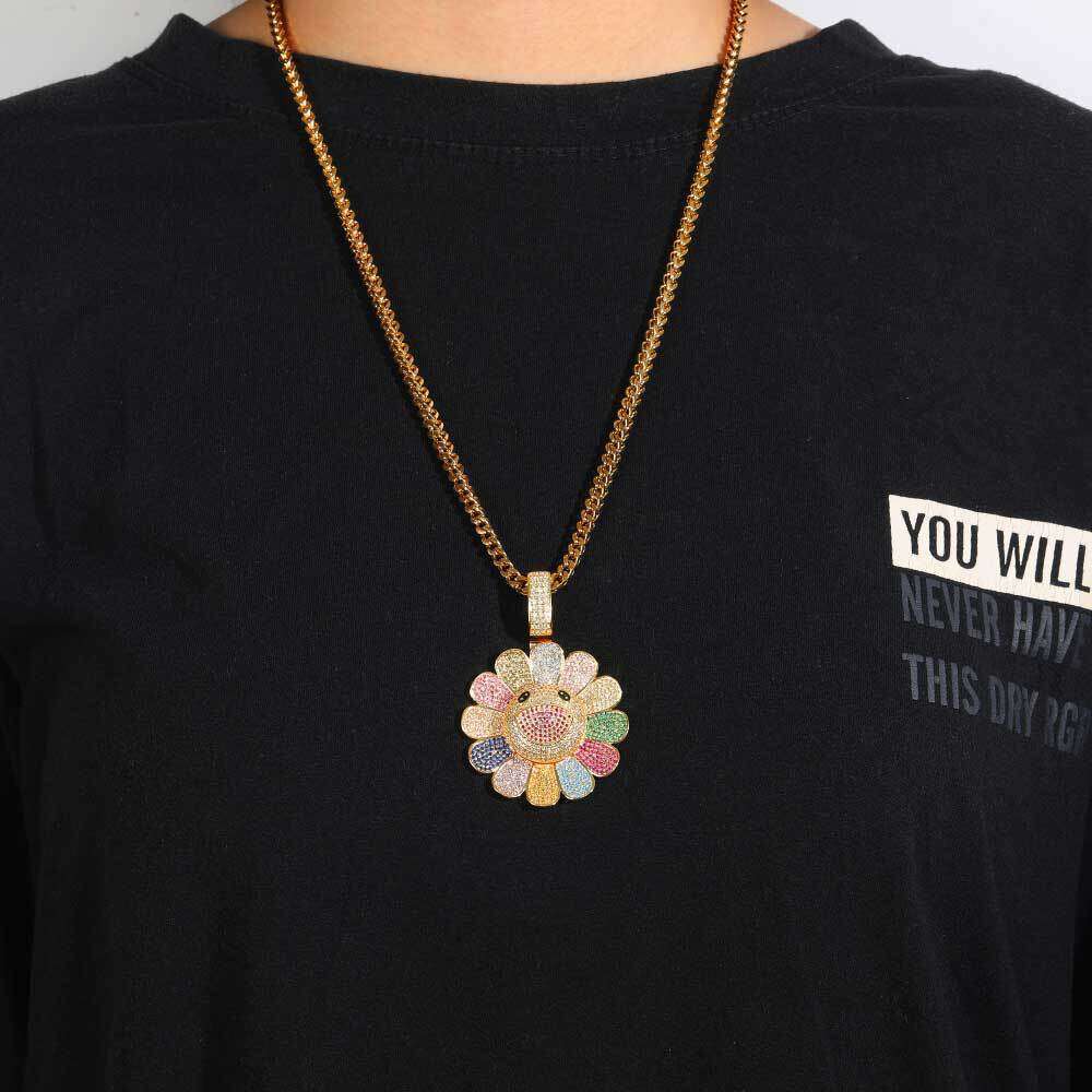 Copper Inlaid Zircon Rotatable Murakami Suower Pendant Real Gold Plated Trendy Hip Hop Necklace 9ece