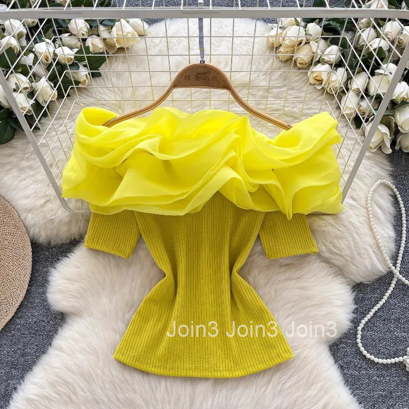Sweet Woman T Shirts Slash Neck Off Shoulder Ruffles Tops 2025 Ropa Mujer Fashion Summer Camisetas Slim Fit Korean Tshirt Tees