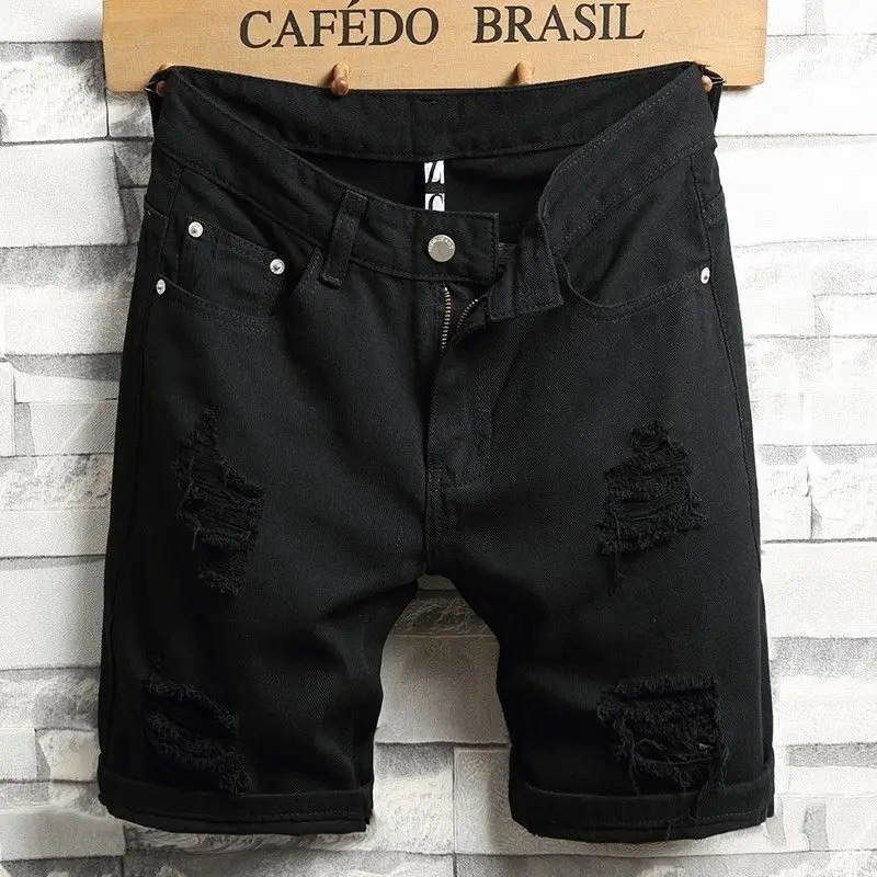 Mens Denim Shorts Summer Y2k Streetwear Ripped Casual Denim Knee Length Solid Jeans Shorts White Classic Jeans Shorts 250616