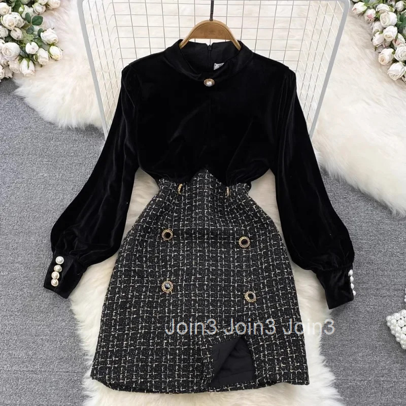 2025 Vestidos De Mujer Contrast Color Dresses for Women Stand Neck Temperament Robe Femme Slim Waist Double-breasted Tweed Dress