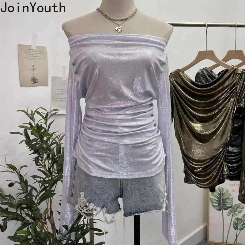 Temperament Tops Women Clothing Long Sleeve Slash Neck Tshirts Folds Slim Fit Camisetas 2025 Ropa Mujer Fashion Sexy T-shirts
