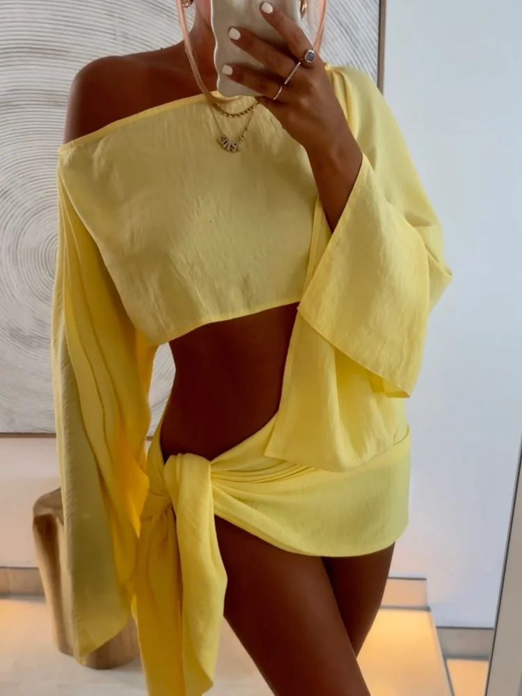 Summer Lady Highstreet Outfits Cotton Linen Long Pagoda Sleeve Crop Top Women 2 Piece Set Twisted Knot Mini Skirt Suit 250617