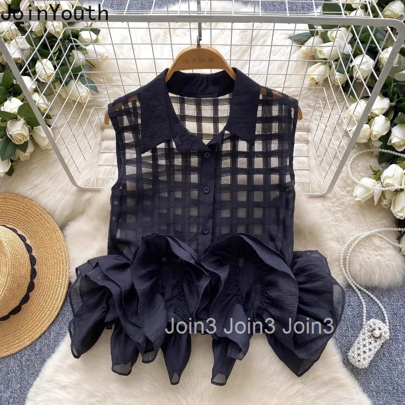 Sleeveless Ruffles Blouse Women Crop Tops 3D Floral Plaid See Through Shirt 2025 Blusas Mujer De Moda Chic Korean Summer Blouses