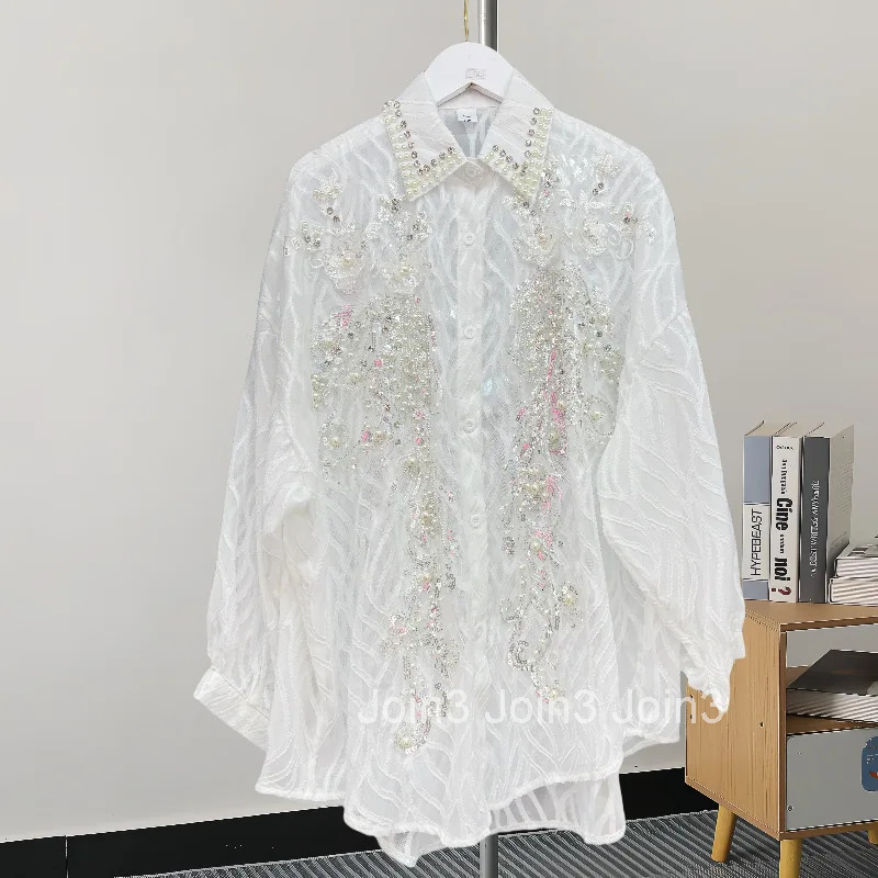 Heavy Beading Blouse Womens Clothing Long Sleeve Loose Korean Shirts 2025 Blusas Mujer De Moda Temperament Blouses Tops 63c893