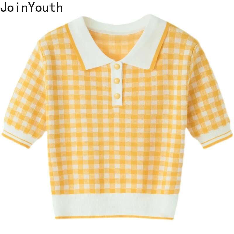 2025 Ropa Mujer Summer Woman Tshirts Short Sleeve Turndown Collar Tees Fashion Plaid Knitted T Shirt Vintage Casual T-shirt