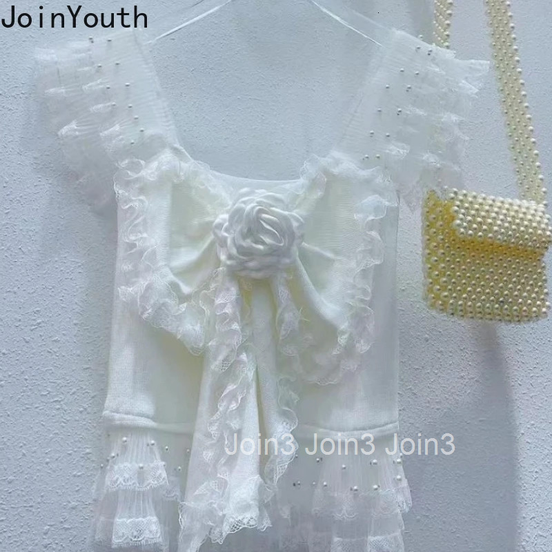 Sweet Knitted Vest Women Crop Tops Flying Sleeve Square Collar 3D Floral Camis Patchwork Lace Beading Ruffles Tanks Ropa Mujer