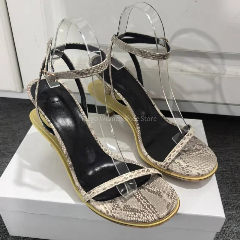 Narrow Band Stiletto Strange Heels Sandals Women Snake Skin Pattern Ankle Strap Sandal Genuine Leather High-End Shoes 250617