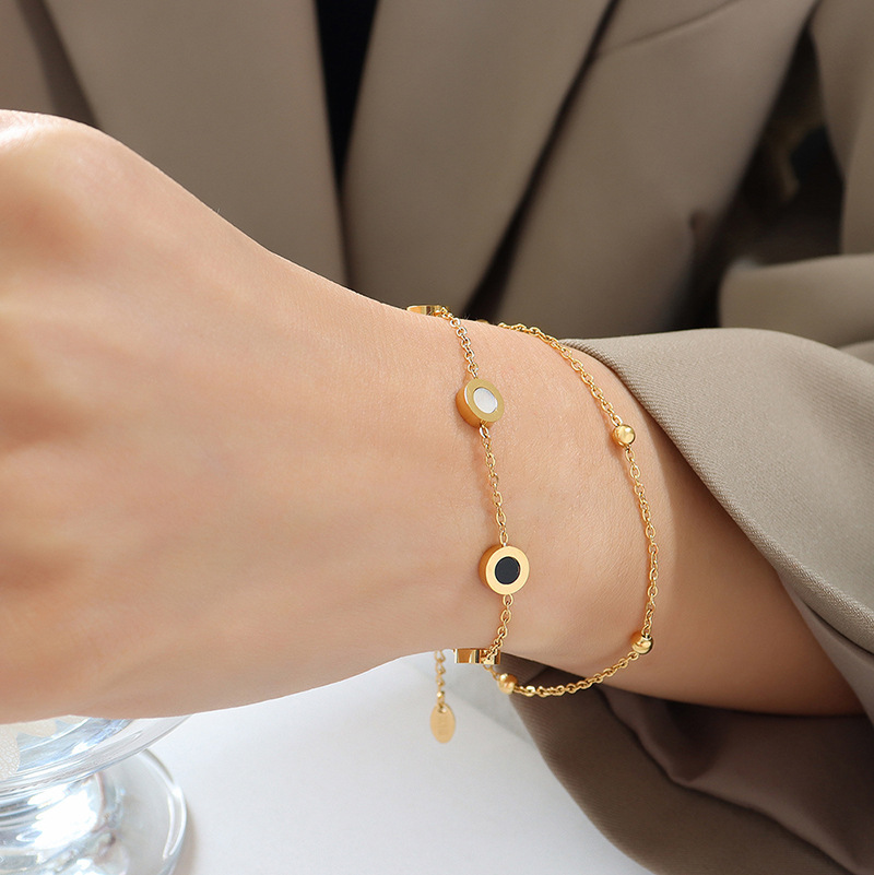 18K Gold Plated Layered Bracelet, Double - Chain with Black & White Circular Charms, Trendy Dainty Jewelry for Women