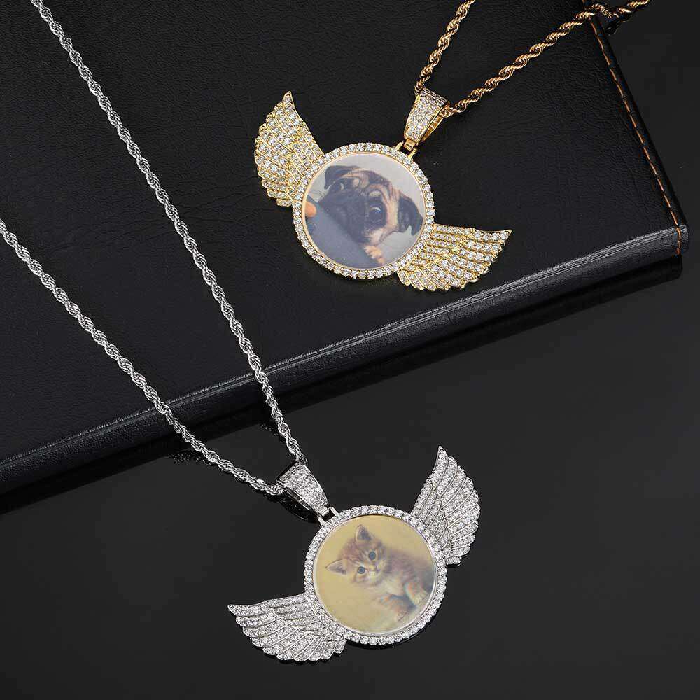 Hip Hop Memory Angel Wings Round Pendant Copper Inlaid Zircon DIY Creative Photo Frame Necklace Jewelry 10d4