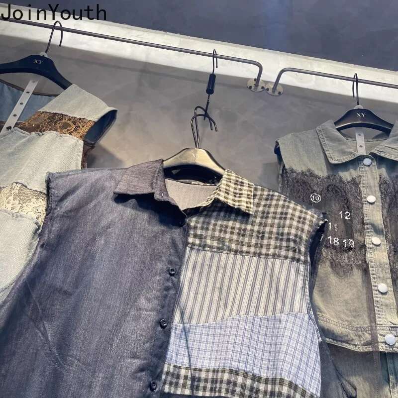 2025 Women Clothing Summer Blouses Camisas De Mujer Sleeveless Patchwork Gauze Loose Blouse Casual Irregular Plaid Blouses Tops