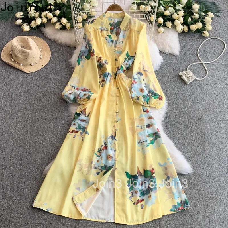 Vintage Single Breasted Womens Dress V-neck Lantern Sleeve Slim Waist Robe Femme Floral Summer Dresses 2025 Vestidos De Mujer