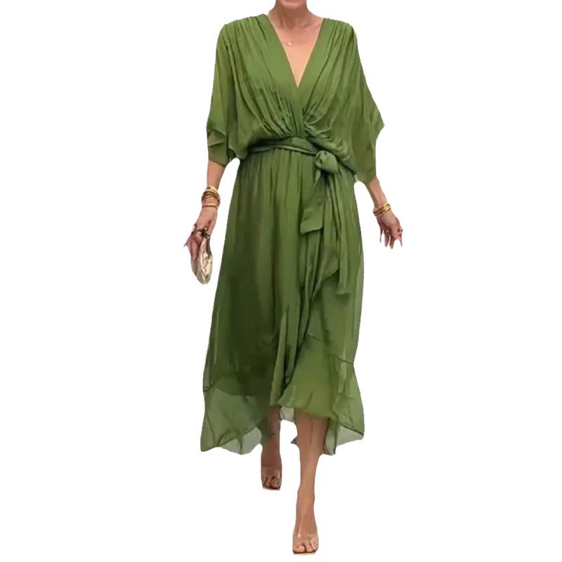 M6221New European and American women's cross-border solid color lace long skirt dressDressDress