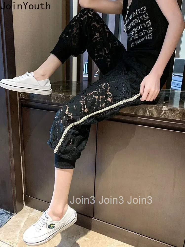 Chic Lace Pants Women 2025 New Bottoms High Waist Temperament Sexy Trousers Hollow Out Beading Casual Y2k Pantalon Femme 7m768
