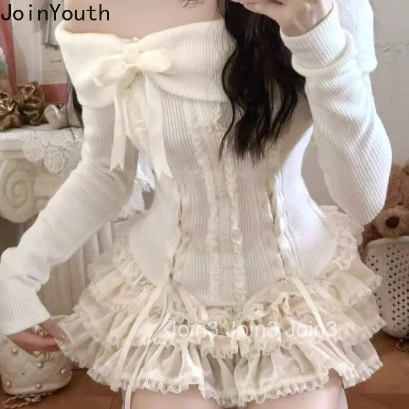 Two Piece Sets Womens Outfits Y2k Clothing Slash Neck Bandage Lace Bow Tops A-line Sweet Mini Skirt Suit Chic Cute Skirts Set